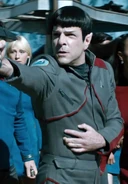 Spock in a standard duty uniform (operations red)