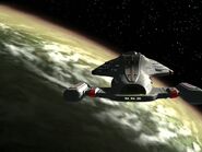 Die USS Voyager auf Impulsgeschwindigkeit. Man beachte die Impulsantriebe an den Warpgondelpylonen