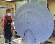 Galaxy class USS Enterprise-D studio model build complete assembled cast primary hull given primary coat of paint by Bill George.jpg (194 KB) 1987: Giving the primary hull of the six-foot Galaxy-class studio model its primary coat of paint "Encounter at Farpoint"