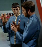 Spock teaches McCoy Vulcan salute