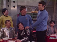 Phil Hartman and Kevin Nealon as McCoy and Spock (with Akira Yoshimura as Sulu on the far left and Kevin Meaney as the seated "choking patron")