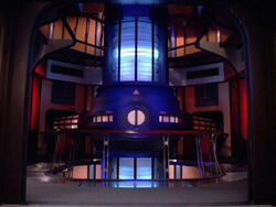 A forward view of a warp core on a Galaxy-class starship