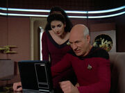 Troi and Picard read Hotel Royale