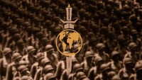L'emblème de l'Empire terrien sur fond de troupe.