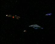 USS Voyager surrounded by illusory alien fleet