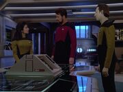Sonya Gomez, William T. Riker, and Data in engineering