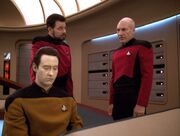 Data, Riker, and Picard begin a search for Worf