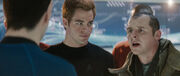 Spock, Kirk, and Scott on the bridge