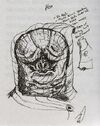 Alien with no neck and heavy folds over eyes, concept art