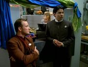 Tom Paris, Neelix, and Harry Kim in redecorated mess hall