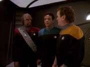 Worf, Bashir, and O'Brien, division uniforms