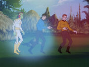 Ari bn Bem, Spock, and James T. Kirk held in stasis