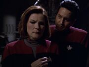 Kathryn Janeway joking with Chakotay