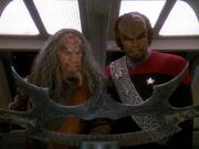 Kor and Worf regard the Sword of Kahless