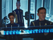 Gabriel Lorca, Michael Burnham and Saru in Discovery's engineering