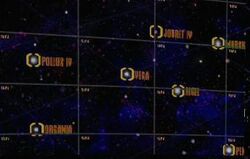 The Rigel system in relation to Pollux IV, Jouret IV, Vega, and Organia