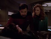 Riker talks to comatose Troi