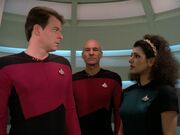 William Riker, Jean-Luc Picard, and Deanna Troi, 2364
