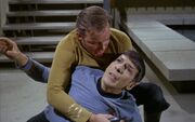 Kirk holding Spock on Deneva