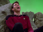 Riker laughs at Q's plan