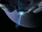 USS Defiant towing Cardassian transport