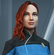 MacDonald.jpg (98 KB) Lieutenant Commander Erin Macdonald wearing a high-collared sciences blue uniform