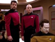 Picard, Riker, and Data witness Klingon attack