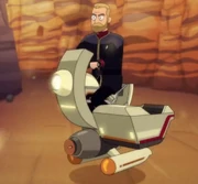 An illusory Starfleet  riding a hovercycle