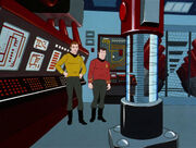 James T. Kirk and Montgomery Scott in engineering