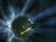 A Borg sphere attacking the USS Voyager