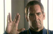 Captain Archer performing a Vulcan salute (ENT: "Kir'Shara")