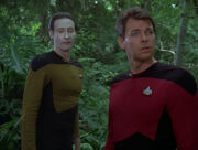 Data and Riker in holodeck forest
