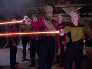 Worf and Yar fire phasers