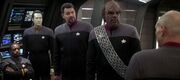 La Forge, Data, Riker, Worf, and Picard, 2379