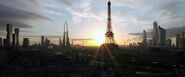 Several hovercars driving under the Eiffel Tower