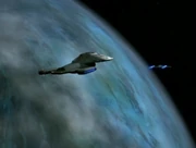 Voyager in orbit of of the moon serving as crysata.