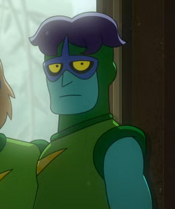 A purple-haired blue Orion male in the 2380s