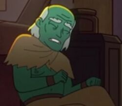 A white-haired green Orion male in the 2380s