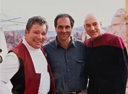 Berman on the set of Generations with William Shatner and Patrick Stewart in 1994