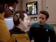 Geordi La Forge, Data, and Julian Bashir in engineering