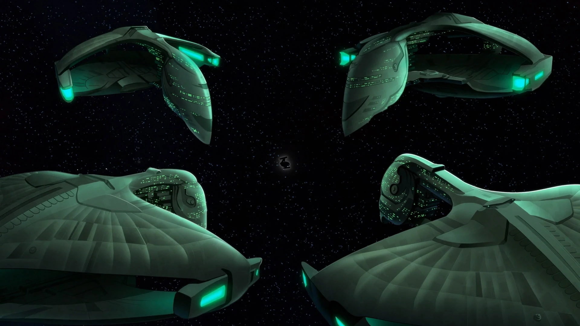 D'deridex warbirds surround Bird-of-Prey