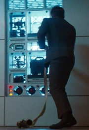 Kirk getting a fire hose at Starfleet HQ