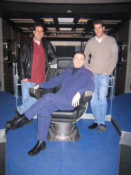 Goodman (l) on the bridge of Enterprise-NX with Seth MacFarlane (center) and friend