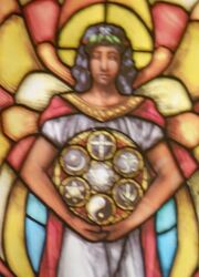 White church stained glass, left