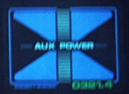 A blue auxiliary power alert screen on the Enterprise-A