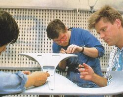 1987: Working on the secondary hull of the six-foot Galaxy-class studio model with Howie Weed (c) and Greg Jein (l) TNG: "Encounter at Farpoint"