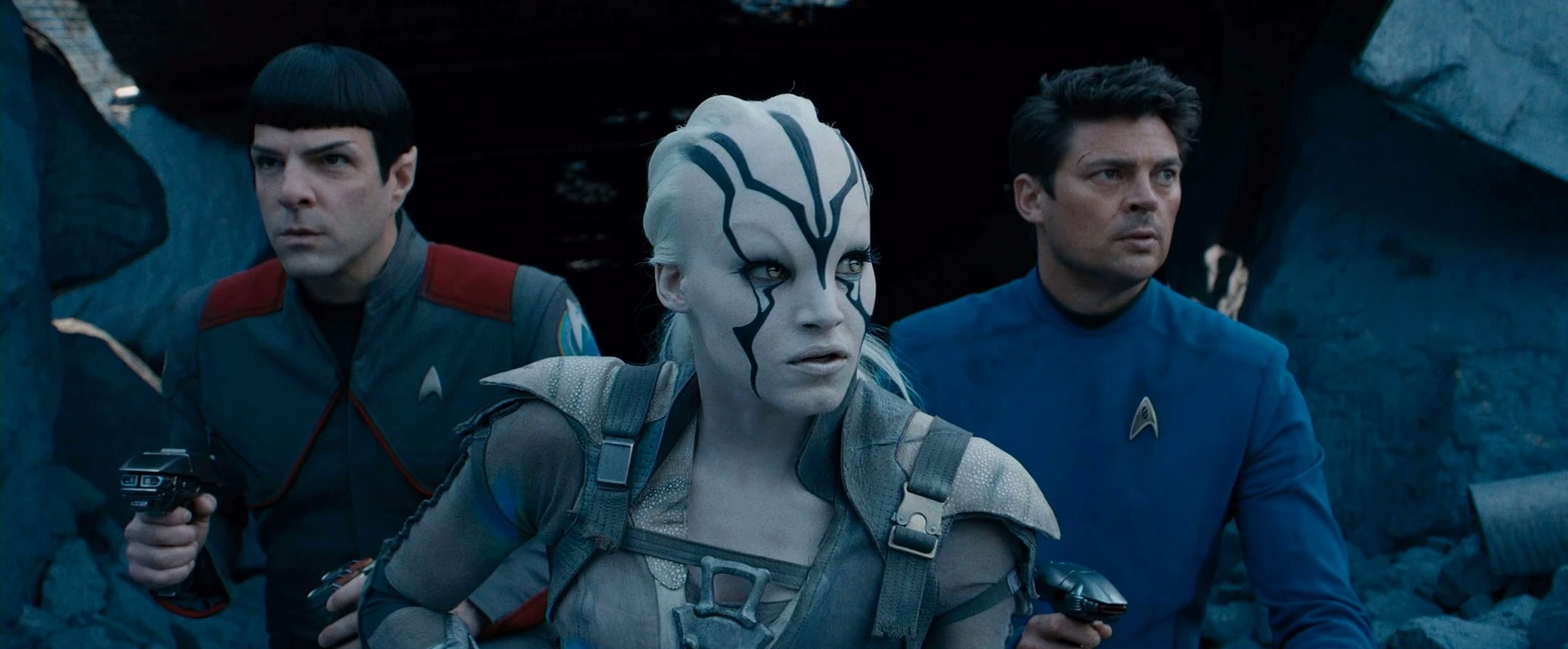 Spock, Jaylah, and McCoy