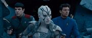 star trek beyond release date Spock, Jaylah, and McCoy