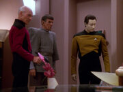 Picard, Spock, and Data in Sela's office