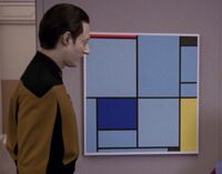 "Tableau I with Red, Black, Blue and Yellow" van Piet Mondriaan, in Data's bemanningskwartier (TNG: "The Offspring", "In Theory", "Silicon Avatar", "A Matter of Time", "Hero Worship", "The Quality of Life", "Descent, Deel II", "Phantasms")